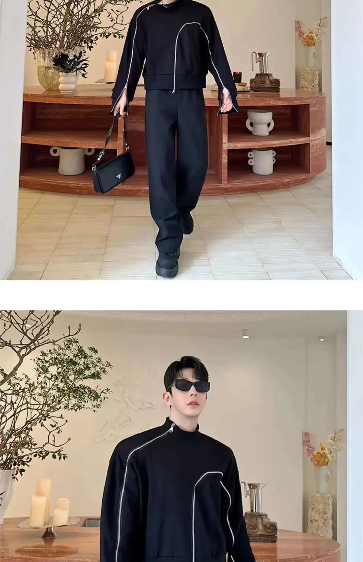 Men's Fashion Short Style Temperament Bottom Shirt Personalized Zipper Design Long Sleeve T-shirts