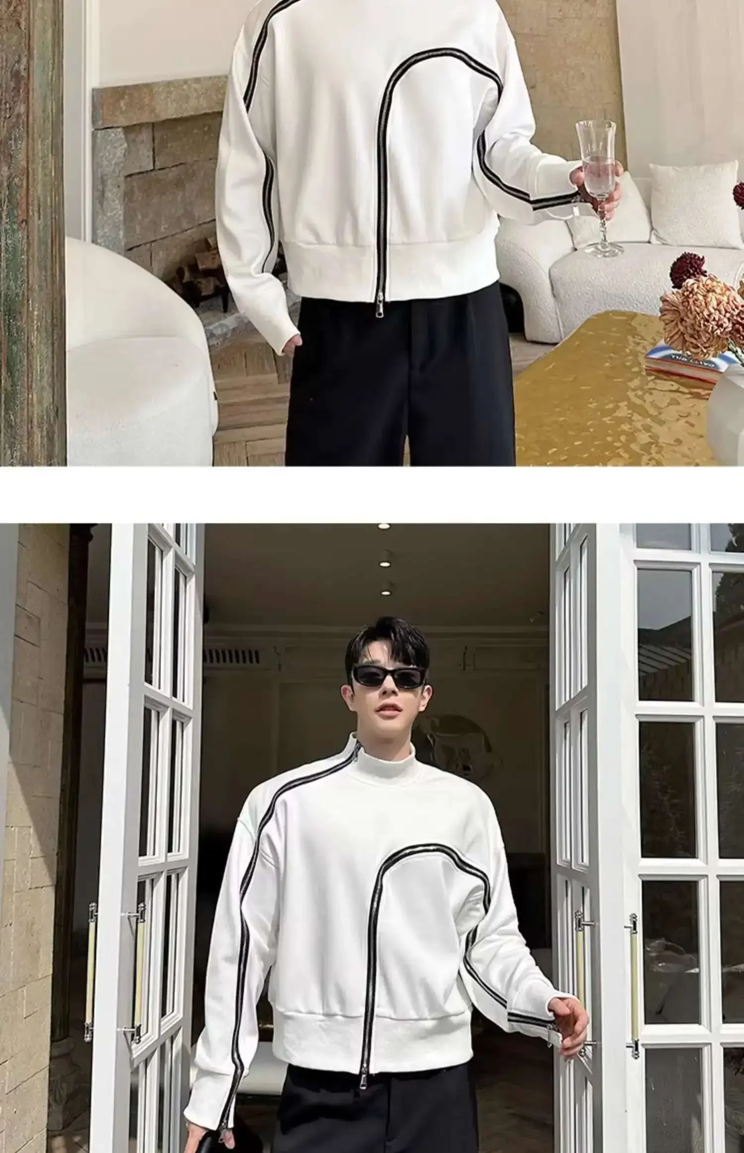 Men's Fashion Short Style Temperament Bottom Shirt Personalized Zipper Design Long Sleeve T-shirts