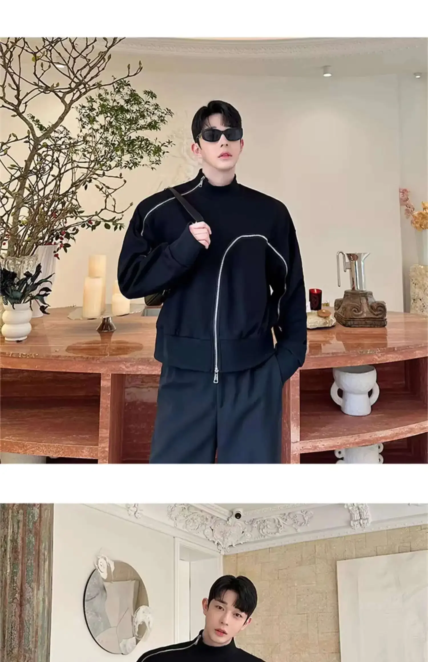 Men's Fashion Short Style Temperament Bottom Shirt Personalized Zipper Design Long Sleeve T-shirts