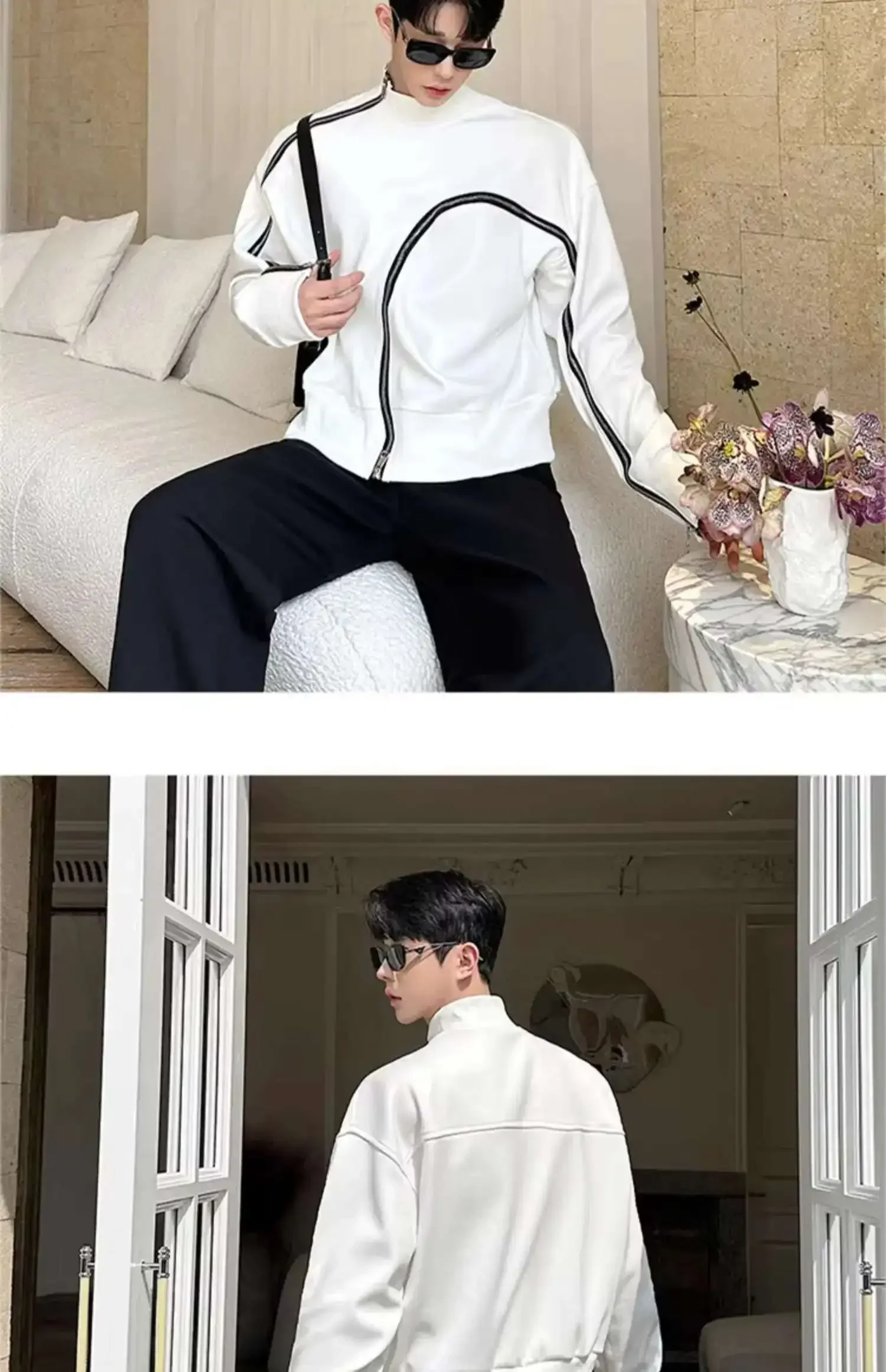 Men's Fashion Short Style Temperament Bottom Shirt Personalized Zipper Design Long Sleeve T-shirts