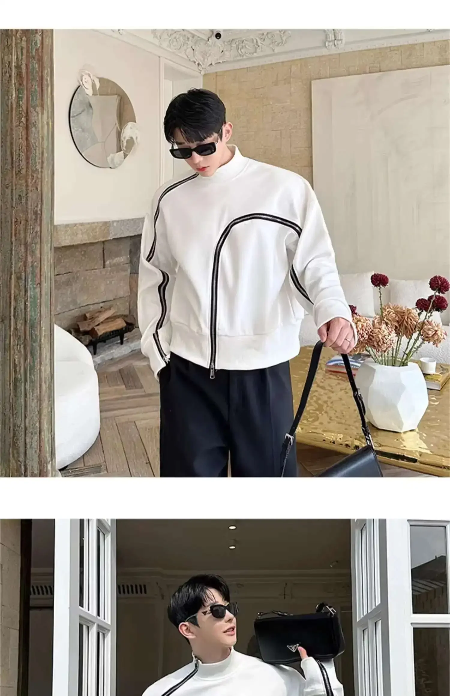 Men's Fashion Short Style Temperament Bottom Shirt Personalized Zipper Design Long Sleeve T-shirts