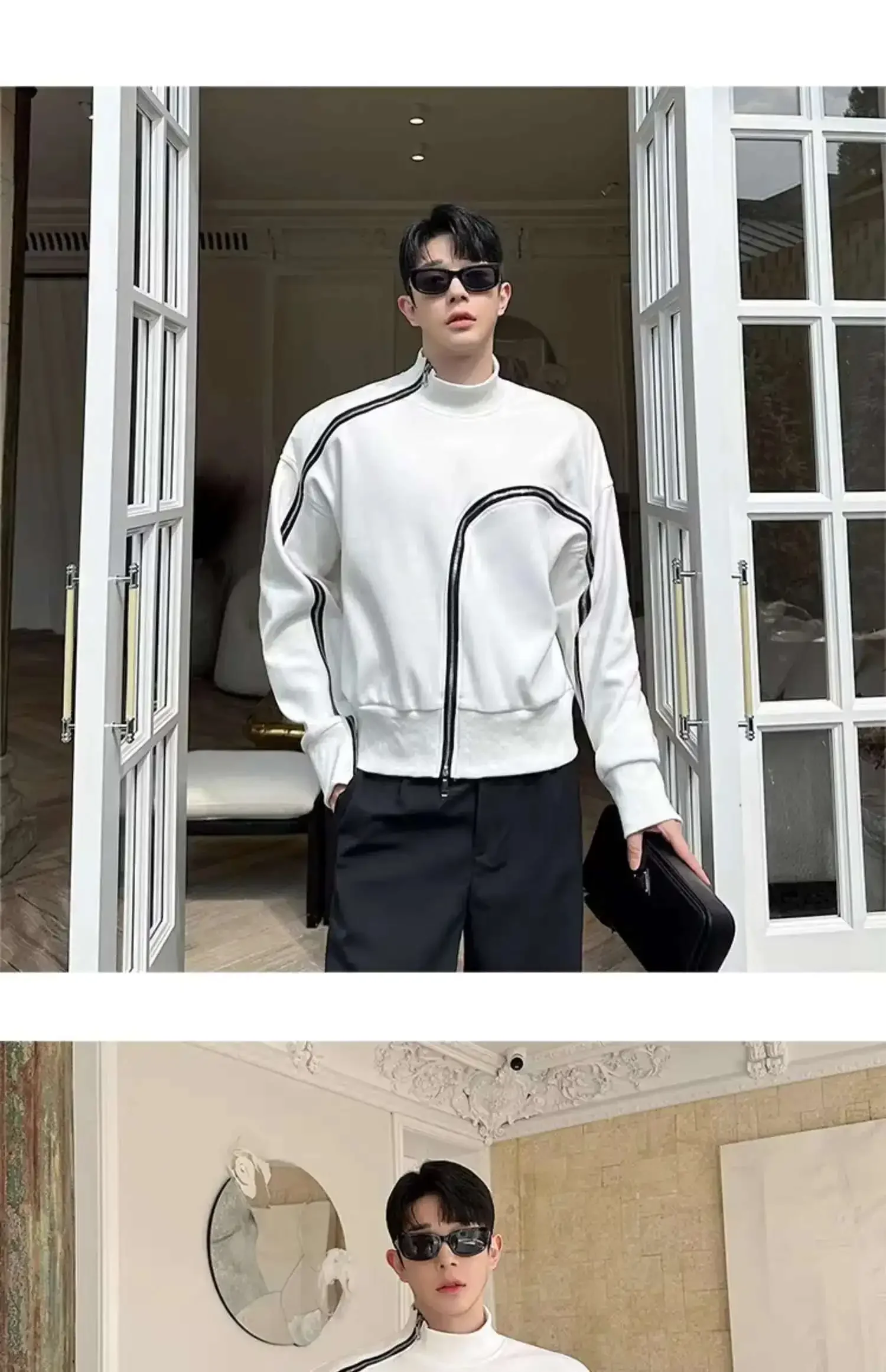 Men's Fashion Short Style Temperament Bottom Shirt Personalized Zipper Design Long Sleeve T-shirts