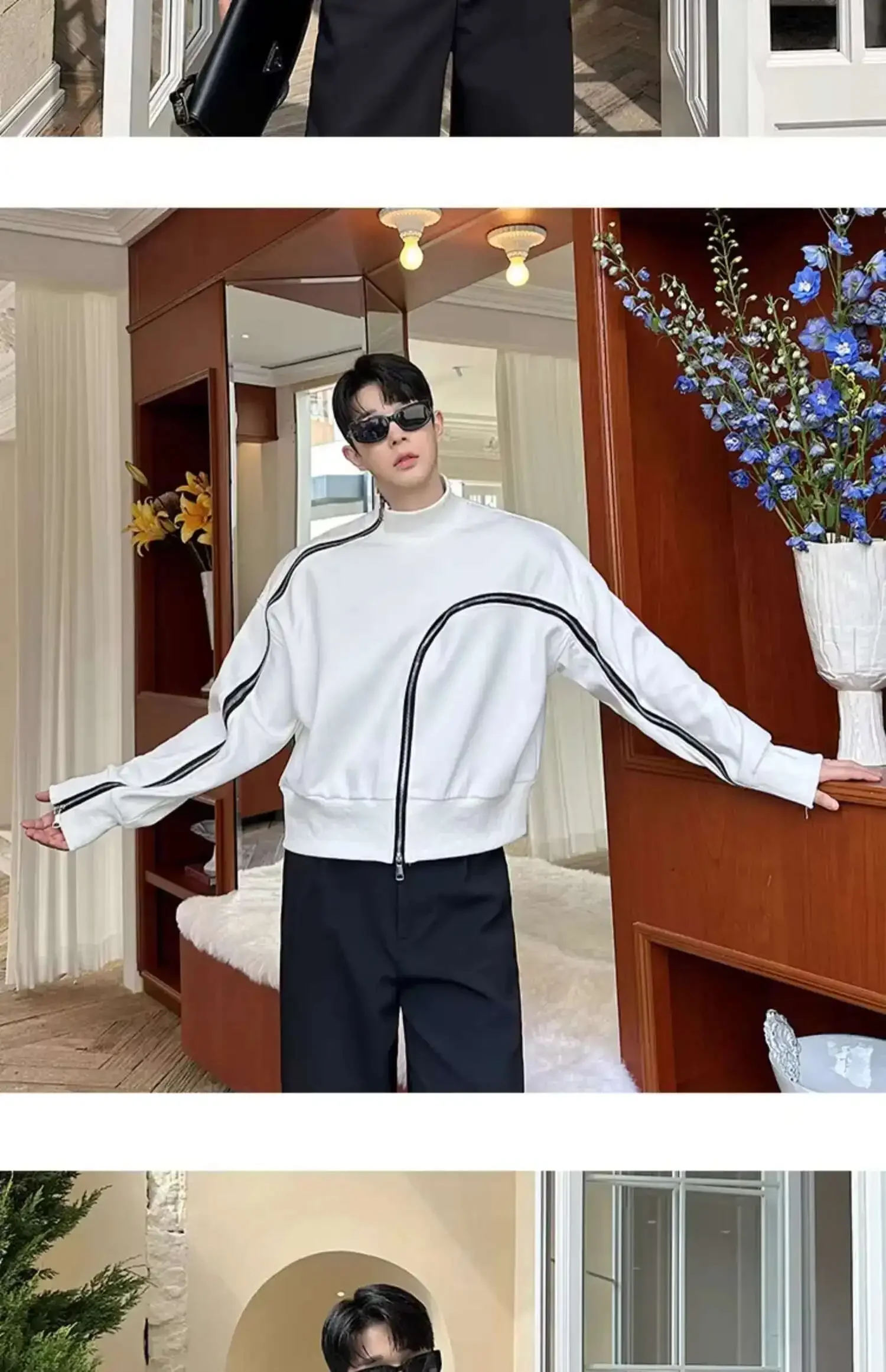 Men's Fashion Short Style Temperament Bottom Shirt Personalized Zipper Design Long Sleeve T-shirts