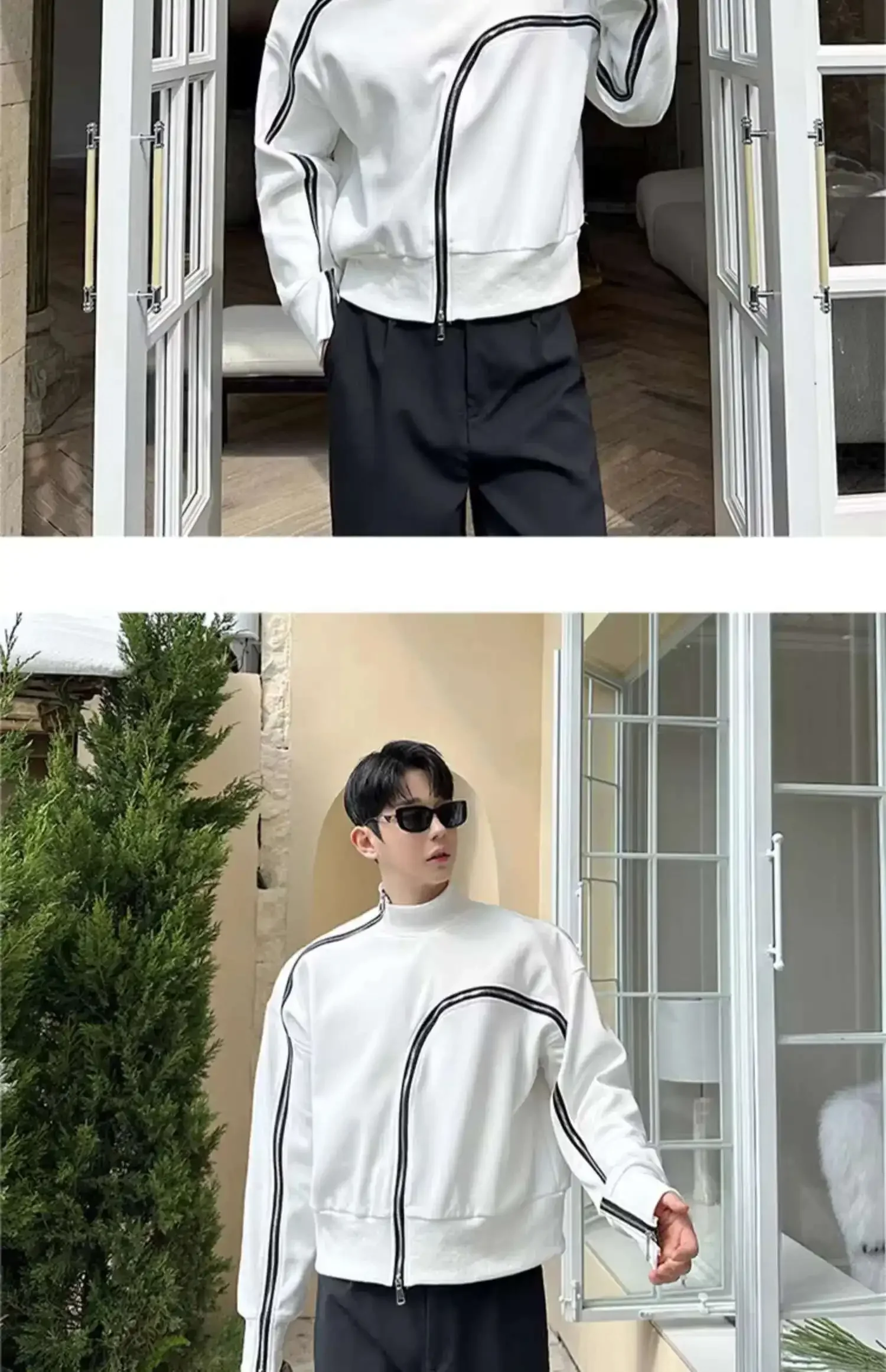 Men's Fashion Short Style Temperament Bottom Shirt Personalized Zipper Design Long Sleeve T-shirts