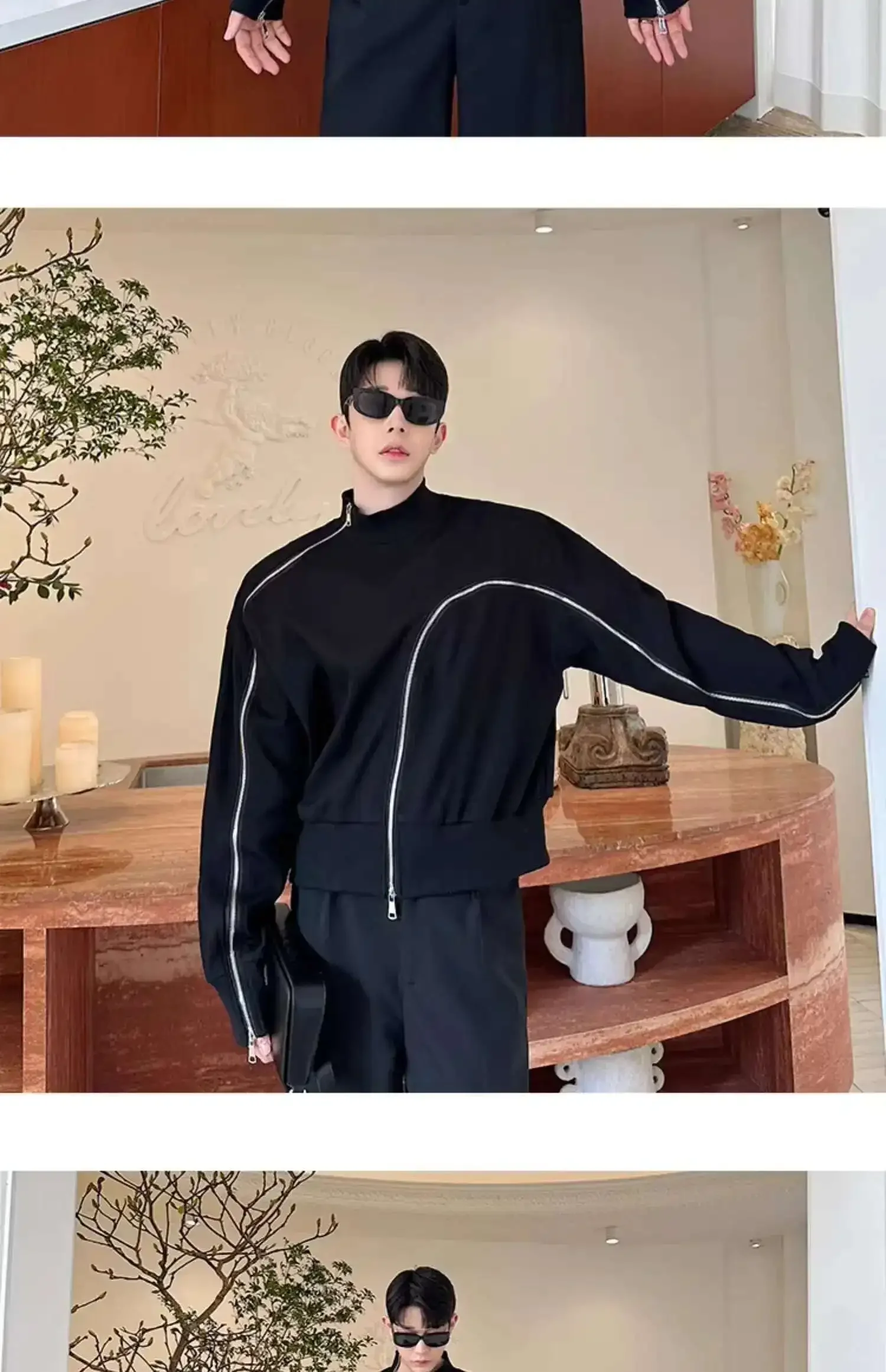 Men's Fashion Short Style Temperament Bottom Shirt Personalized Zipper Design Long Sleeve T-shirts