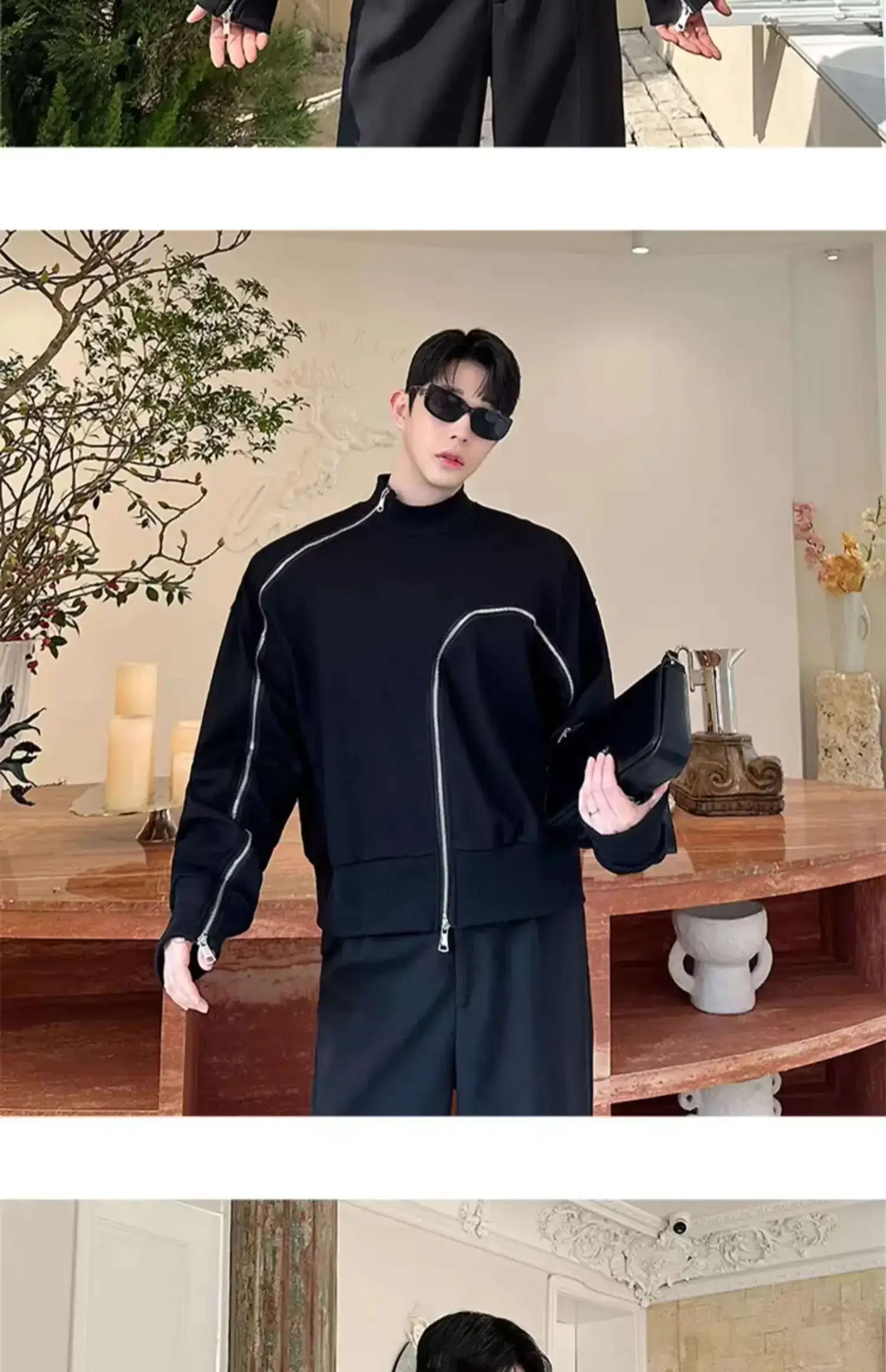 Men's Fashion Short Style Temperament Bottom Shirt Personalized Zipper Design Long Sleeve T-shirts