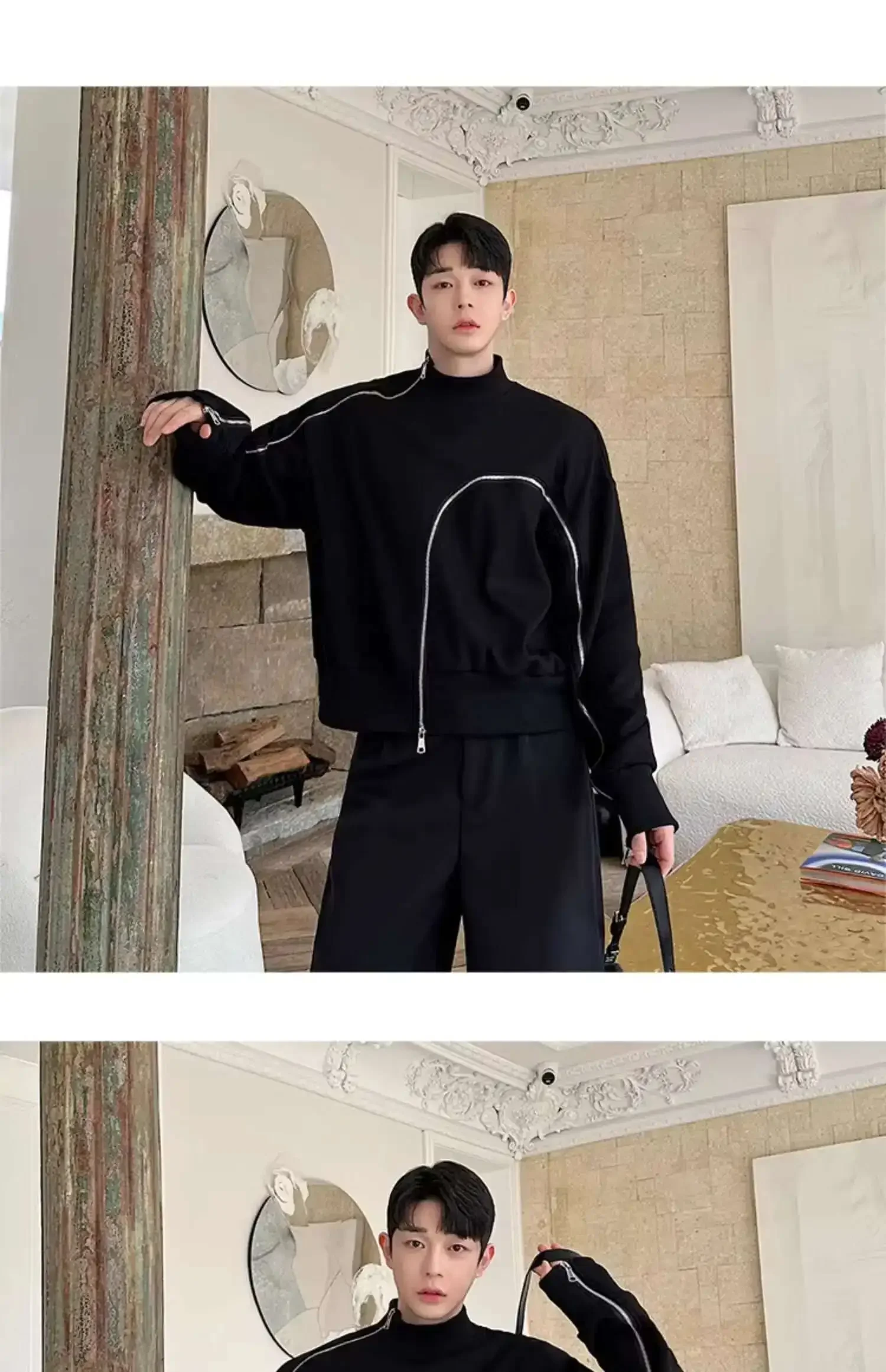 Men's Fashion Short Style Temperament Bottom Shirt Personalized Zipper Design Long Sleeve T-shirts