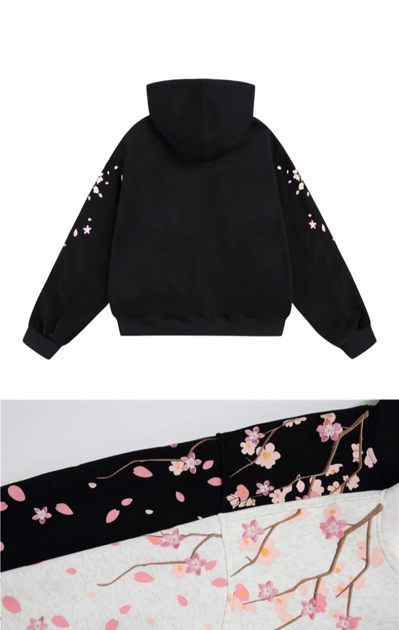 2026 Autumn New Plum Blossom Embroidery Printed Hoodie Japan Korean Fashion Streetwear Harajuku Casual Loose Hooded Sweatshirt