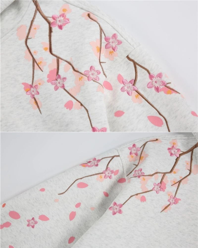 2026 Autumn New Plum Blossom Embroidery Printed Hoodie Japan Korean Fashion Streetwear Harajuku Casual Loose Hooded Sweatshirt