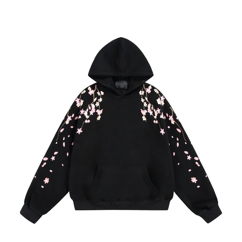 2026 Autumn New Plum Blossom Embroidery Printed Hoodie Japan Korean Fashion Streetwear Harajuku Casual Loose Hooded Sweatshirt