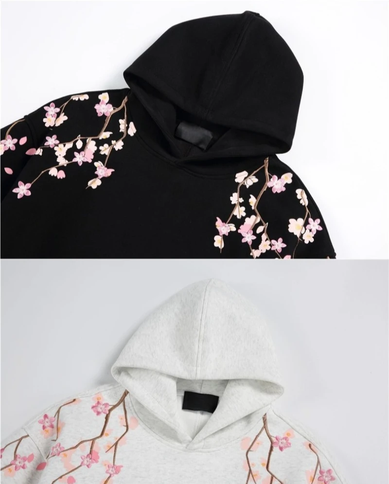 2026 Autumn New Plum Blossom Embroidery Printed Hoodie Japan Korean Fashion Streetwear Harajuku Casual Loose Hooded Sweatshirt