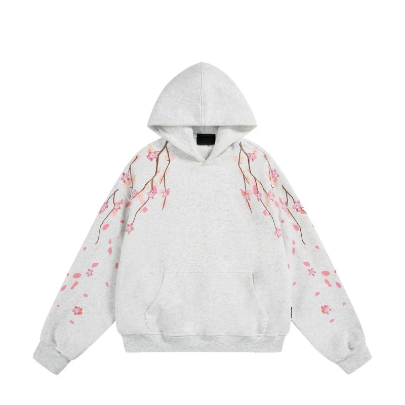 2026 Autumn New Plum Blossom Embroidery Printed Hoodie Japan Korean Fashion Streetwear Harajuku Casual Loose Hooded Sweatshirt