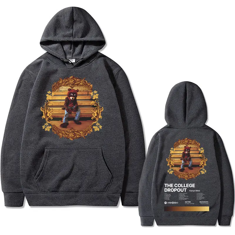 Rapper Kanye West The College Dropout Hip Hop Music Album Graphics Hoodie Men Casual Oversized Sweatshirt Men's Black Streetwear
