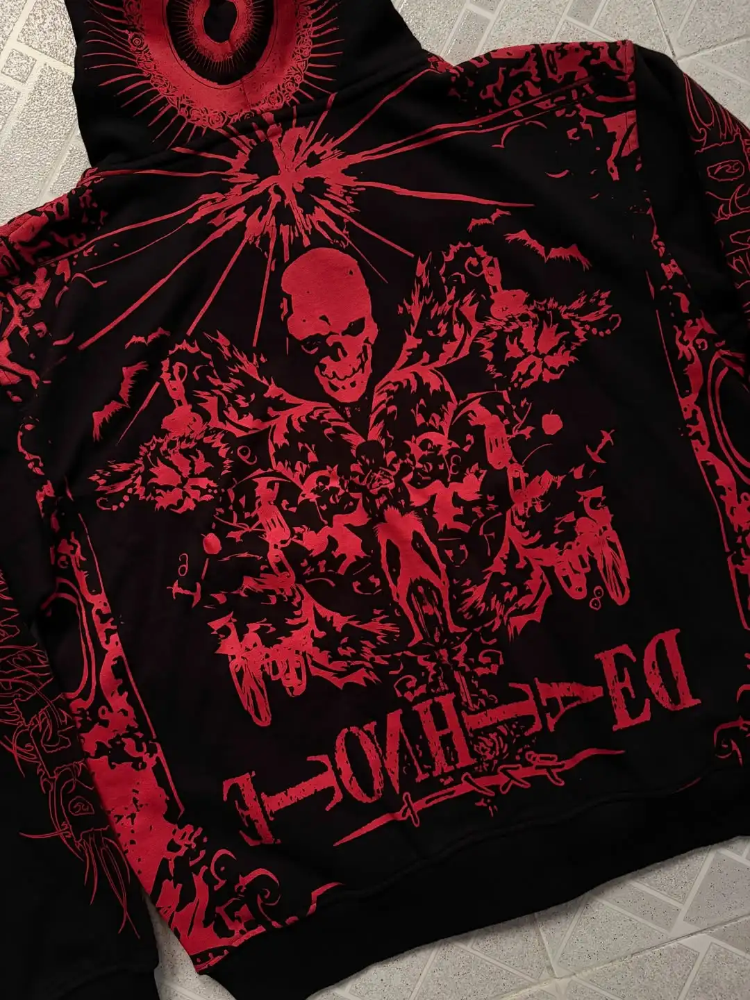 Mens Loose Long Sleeve Streetwear Hooded Sweatshirt Gothic Black Full Zip Hoodie Red Skull Heart Pattern Print and Letter Design
