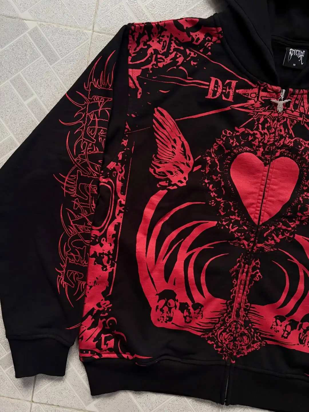 Mens Loose Long Sleeve Streetwear Hooded Sweatshirt Gothic Black Full Zip Hoodie Red Skull Heart Pattern Print and Letter Design
