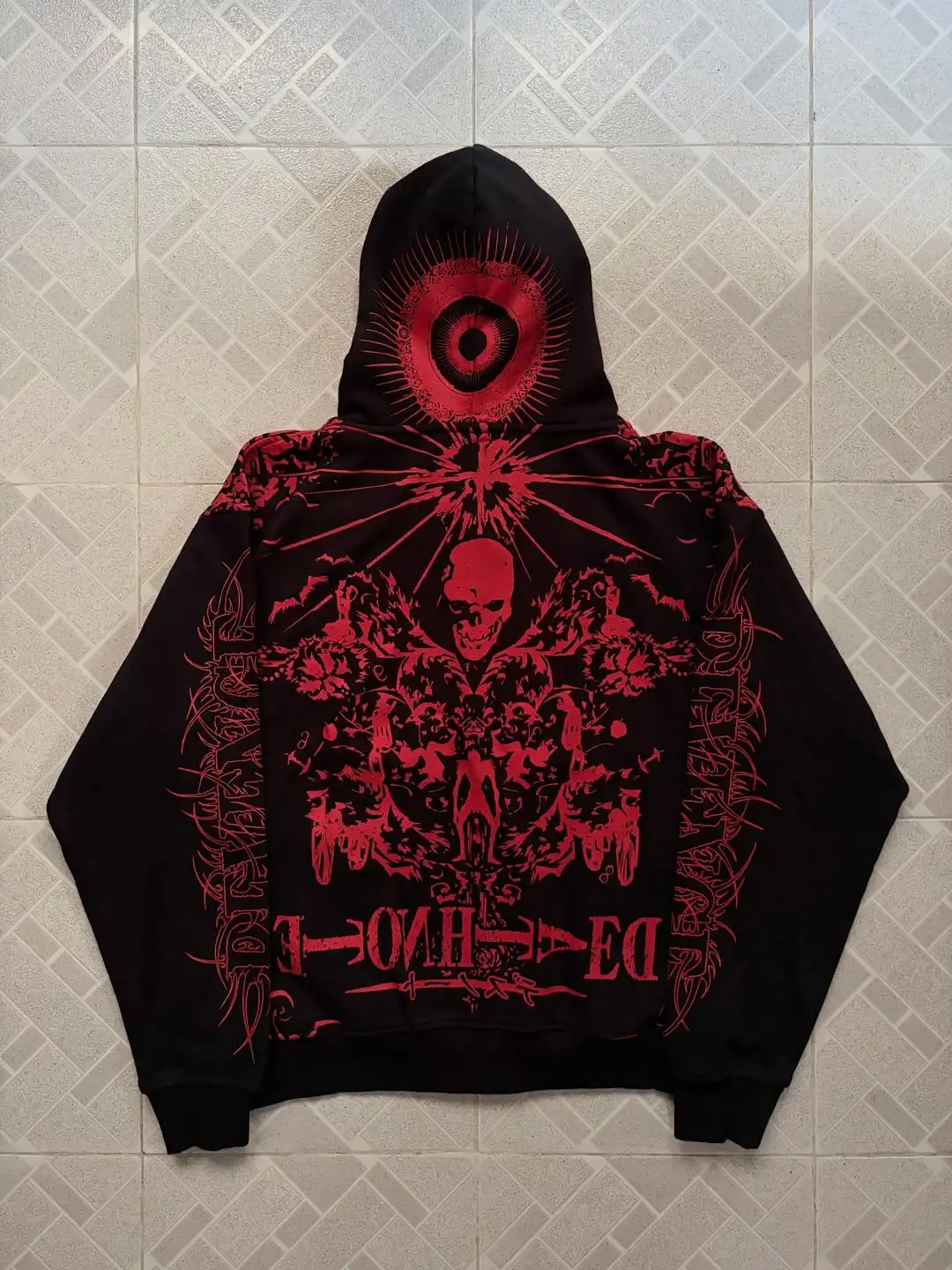 Mens Loose Long Sleeve Streetwear Hooded Sweatshirt Gothic Black Full Zip Hoodie Red Skull Heart Pattern Print and Letter Design