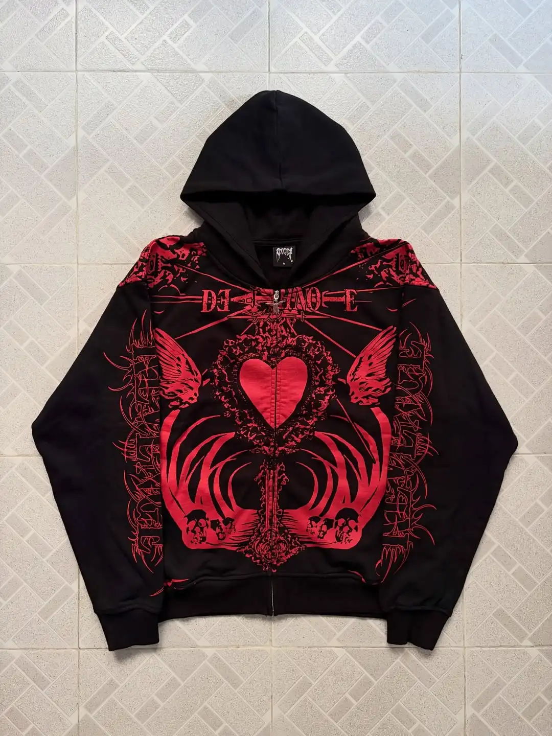 Mens Loose Long Sleeve Streetwear Hooded Sweatshirt Gothic Black Full Zip Hoodie Red Skull Heart Pattern Print and Letter Design