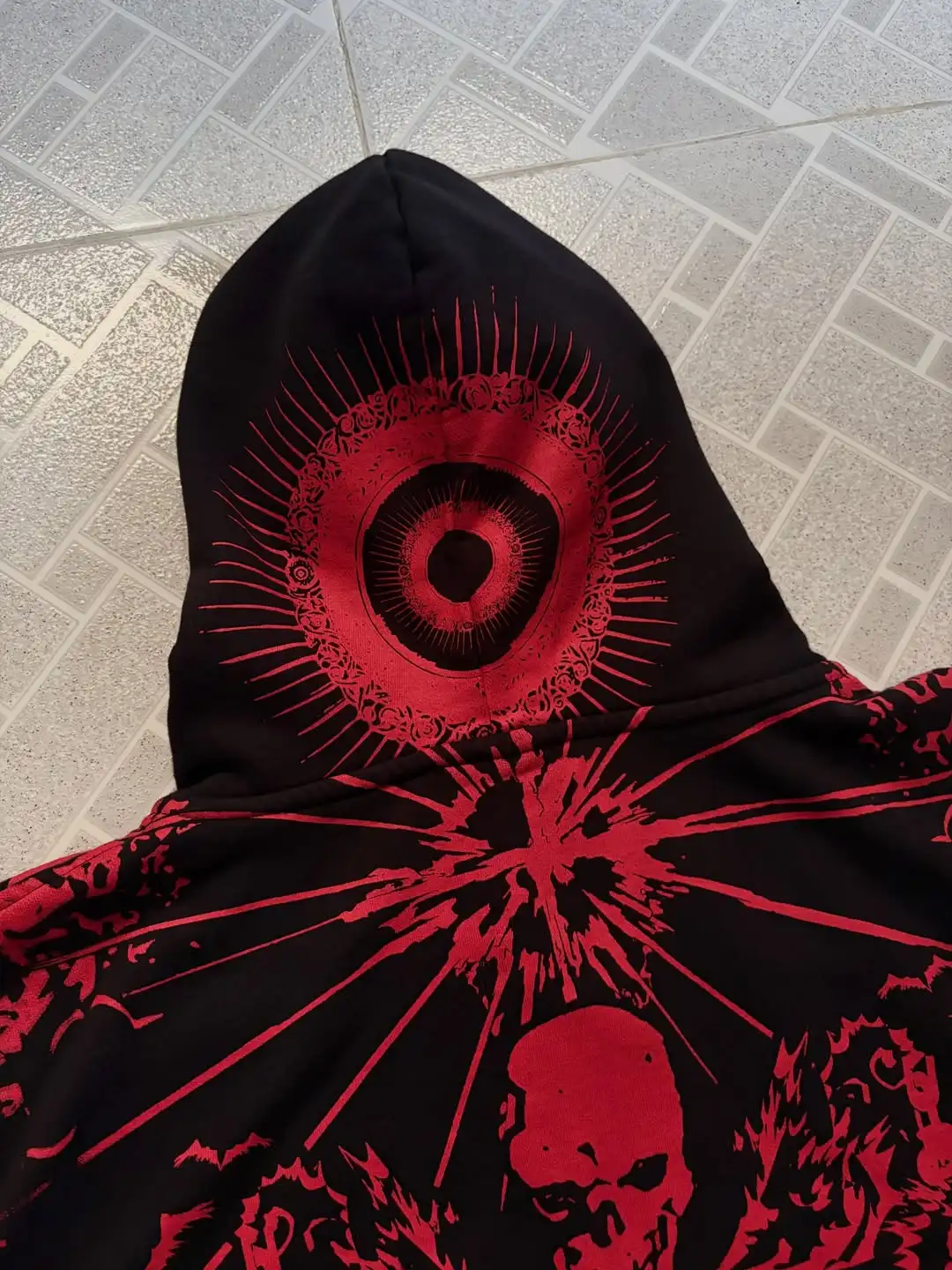 Mens Loose Long Sleeve Streetwear Hooded Sweatshirt Gothic Black Full Zip Hoodie Red Skull Heart Pattern Print and Letter Design