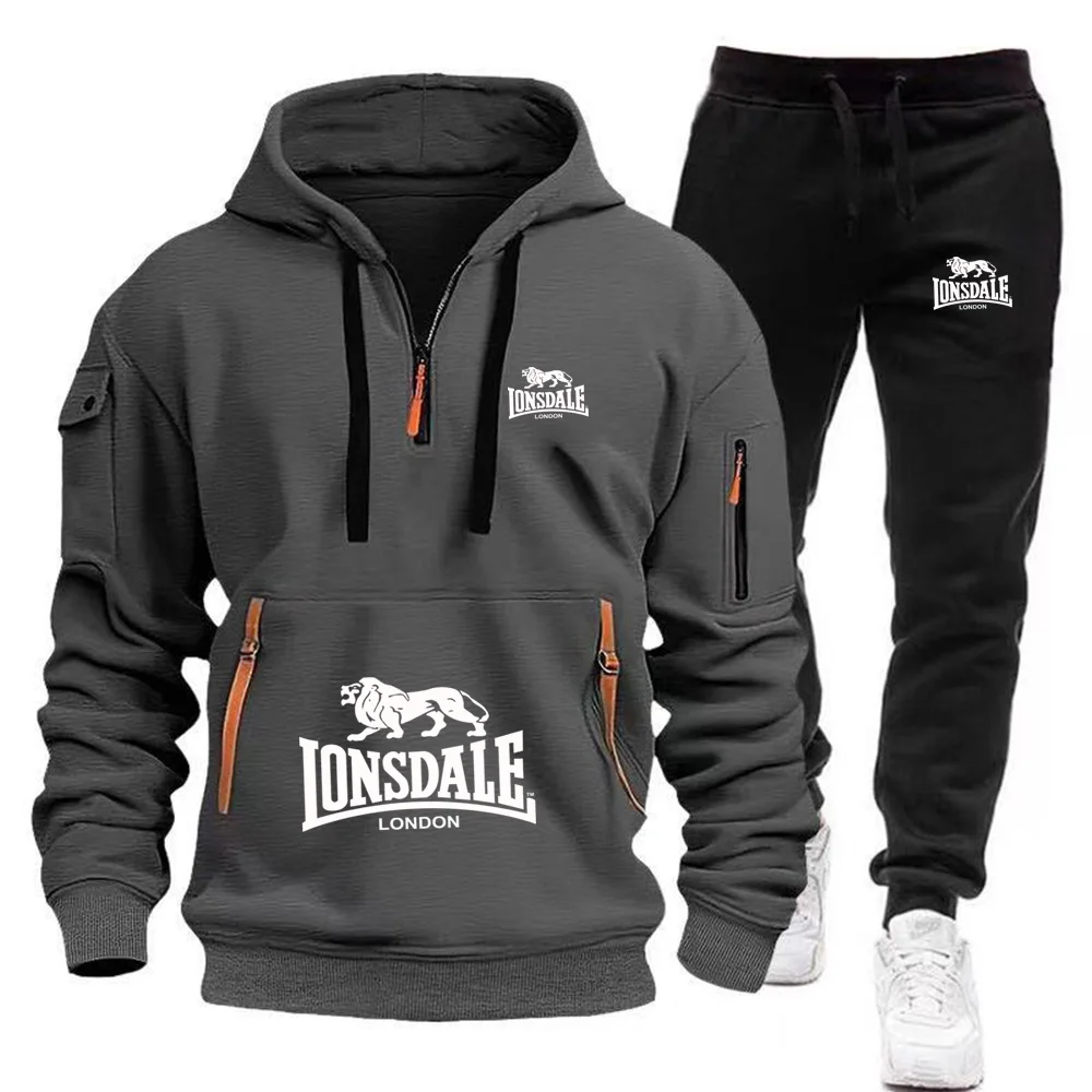 2026 New LONSDALE Autumn and Winter Men's Hooded Sweatshirt Set Kangaroo Pocket Sweatshirt Sports Pants Two-Piece Set Fleece