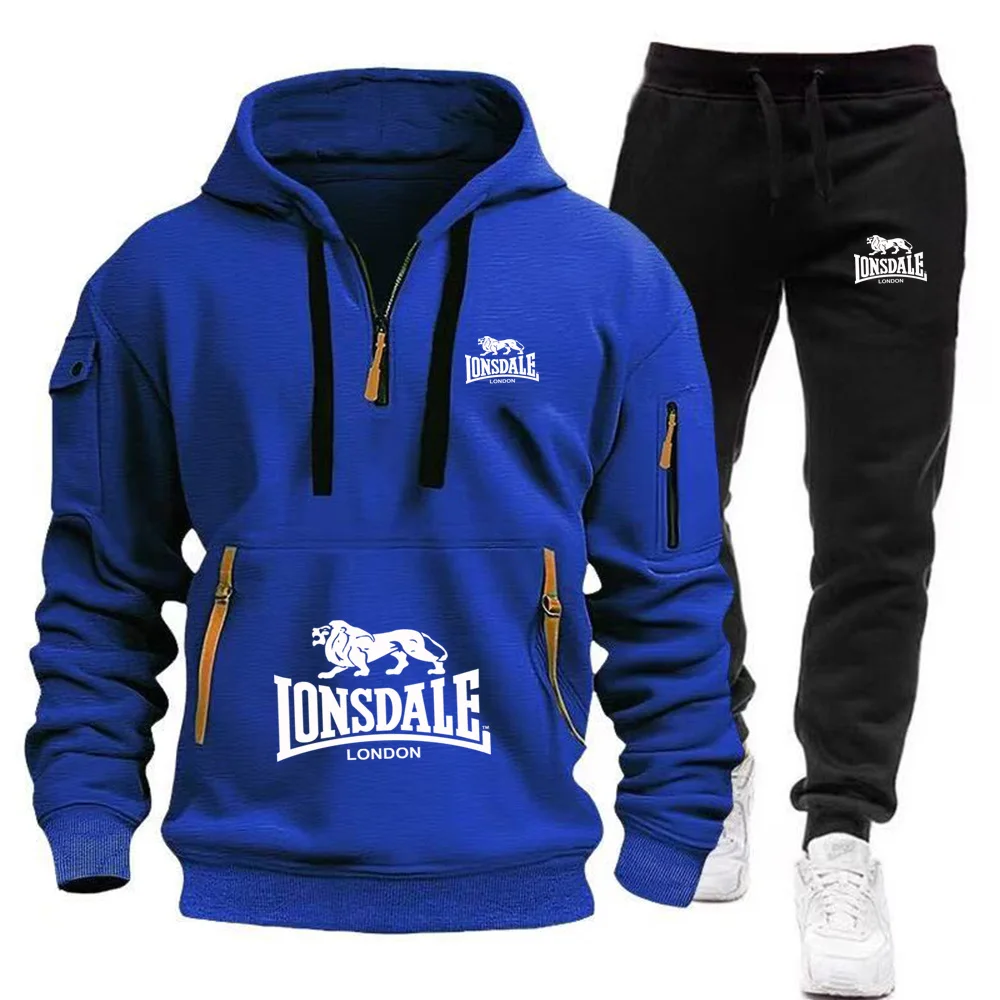 2026 New LONSDALE Autumn and Winter Men's Hooded Sweatshirt Set Kangaroo Pocket Sweatshirt Sports Pants Two-Piece Set Fleece