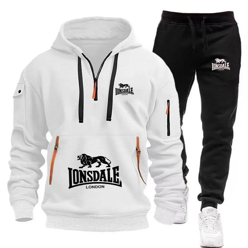 2026 New LONSDALE Autumn and Winter Men's Hooded Sweatshirt Set Kangaroo Pocket Sweatshirt Sports Pants Two-Piece Set Fleece