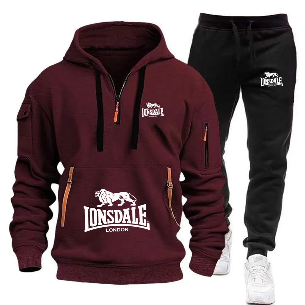 2026 New LONSDALE Autumn and Winter Men's Hooded Sweatshirt Set Kangaroo Pocket Sweatshirt Sports Pants Two-Piece Set Fleece