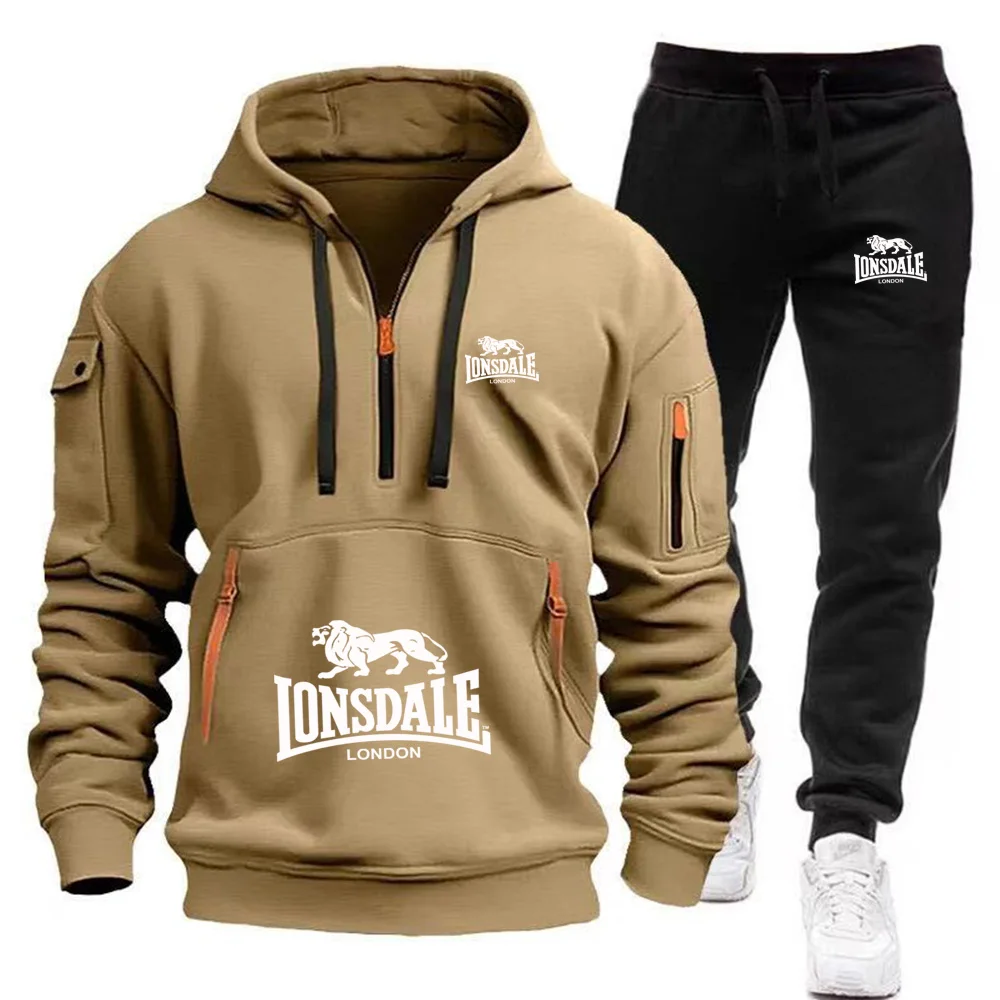 2026 New LONSDALE Autumn and Winter Men's Hooded Sweatshirt Set Kangaroo Pocket Sweatshirt Sports Pants Two-Piece Set Fleece