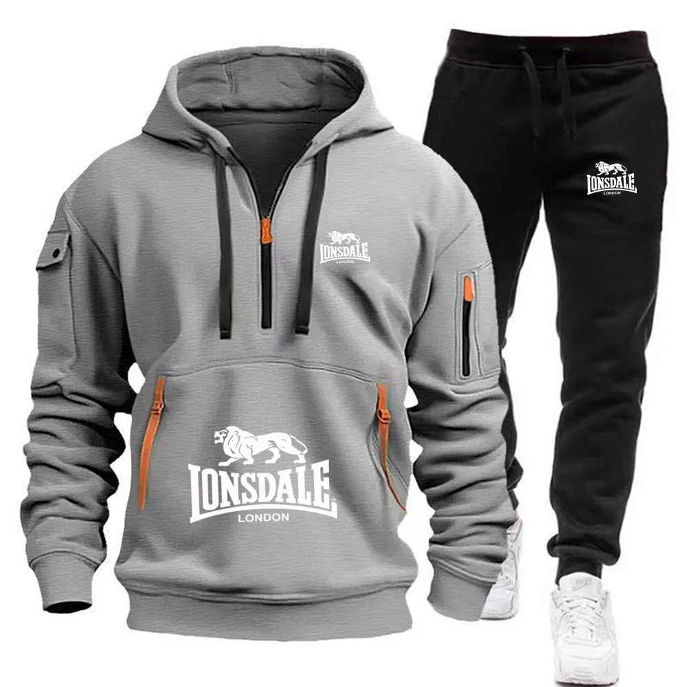 2026 New LONSDALE Autumn and Winter Men's Hooded Sweatshirt Set Kangaroo Pocket Sweatshirt Sports Pants Two-Piece Set Fleece