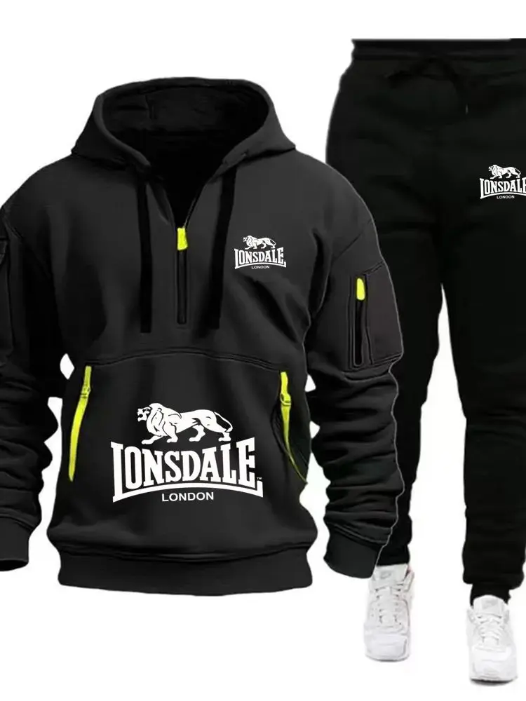 2026 New LONSDALE Autumn and Winter Men's Hooded Sweatshirt Set Kangaroo Pocket Sweatshirt Sports Pants Two-Piece Set Fleece