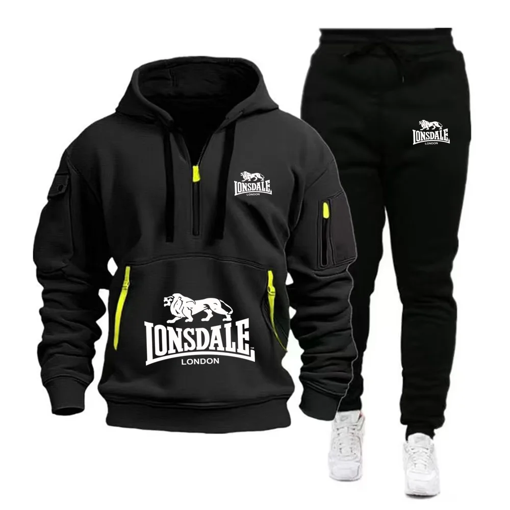 2026 New LONSDALE Autumn and Winter Men's Hooded Sweatshirt Set Kangaroo Pocket Sweatshirt Sports Pants Two-Piece Set Fleece