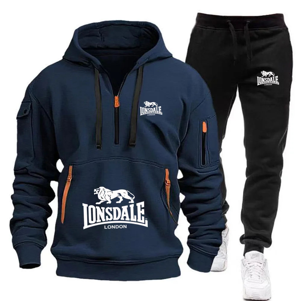 2026 New LONSDALE Autumn and Winter Men's Hooded Sweatshirt Set Kangaroo Pocket Sweatshirt Sports Pants Two-Piece Set Fleece