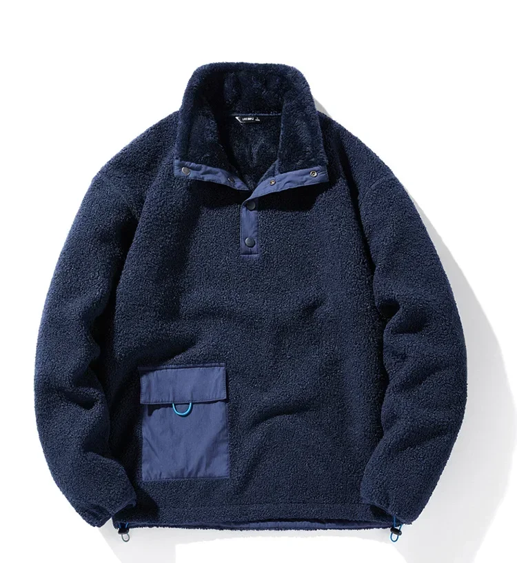 New Men's Sweatshirts Fashion Patchwork Pocket Fleece-lined Warm Pullover Tops Male Polar-fleece Loose Casual Hoodies Coats