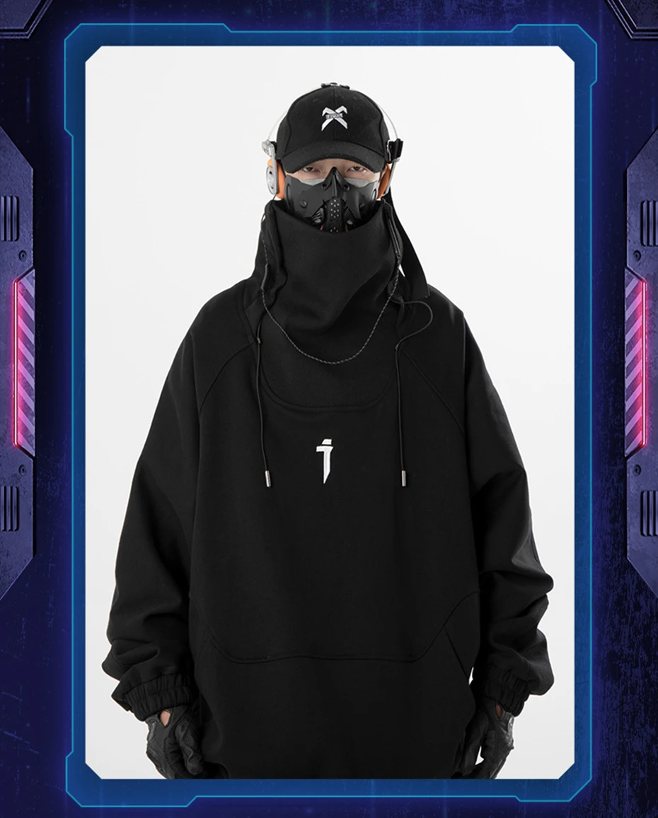 Fashion Hoodies Men Autumn Winter Windbreaker Mask High Collar Sweatshirts Techwear Function Loose Black Hoodie Pullover Black