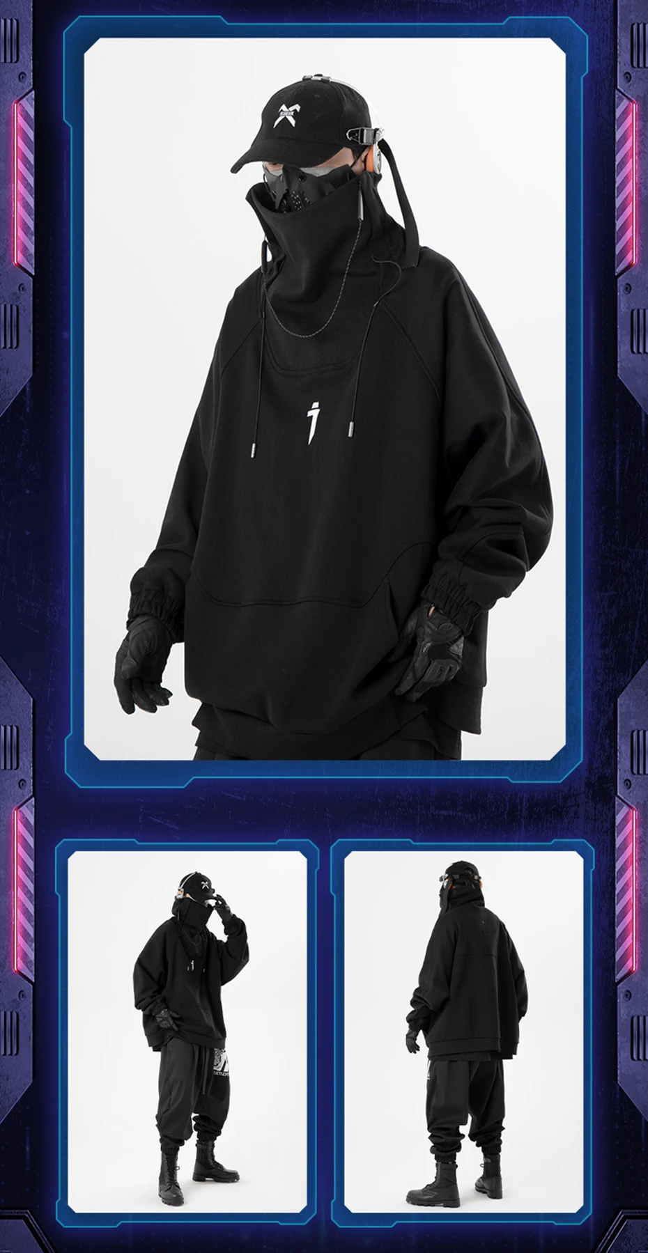 Fashion Hoodies Men Autumn Winter Windbreaker Mask High Collar Sweatshirts Techwear Function Loose Black Hoodie Pullover Black