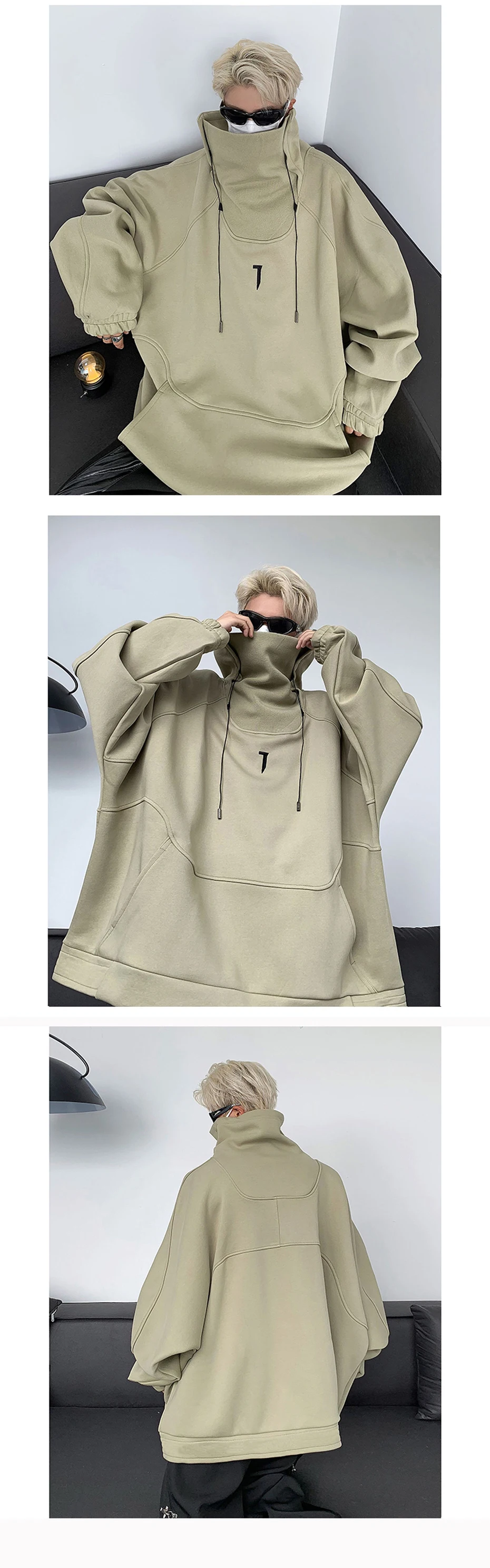 Fashion Hoodies Men Autumn Winter Windbreaker Mask High Collar Sweatshirts Techwear Function Loose Black Hoodie Pullover Black