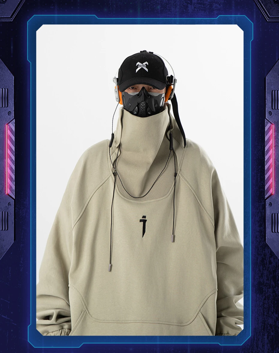 Fashion Hoodies Men Autumn Winter Windbreaker Mask High Collar Sweatshirts Techwear Function Loose Black Hoodie Pullover Black