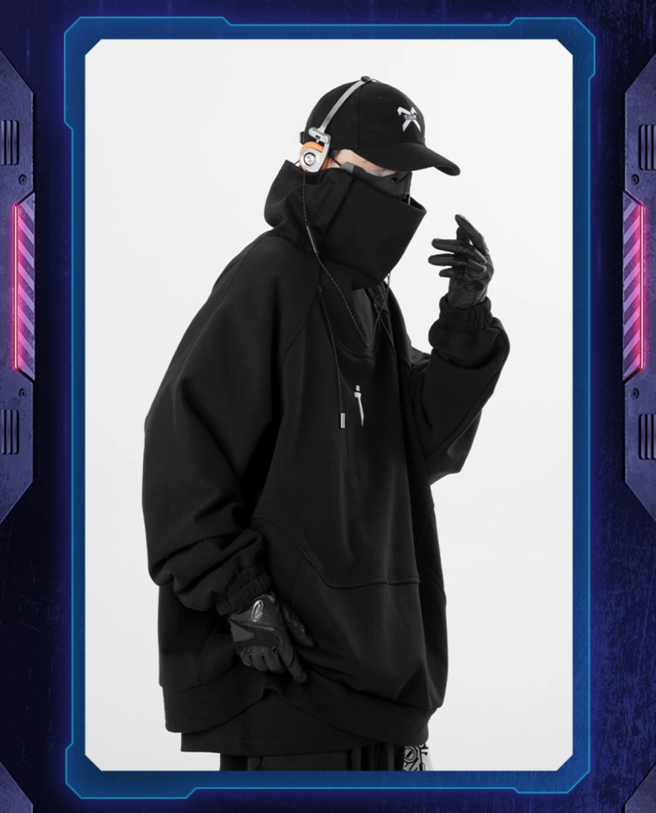 Fashion Hoodies Men Autumn Winter Windbreaker Mask High Collar Sweatshirts Techwear Function Loose Black Hoodie Pullover Black