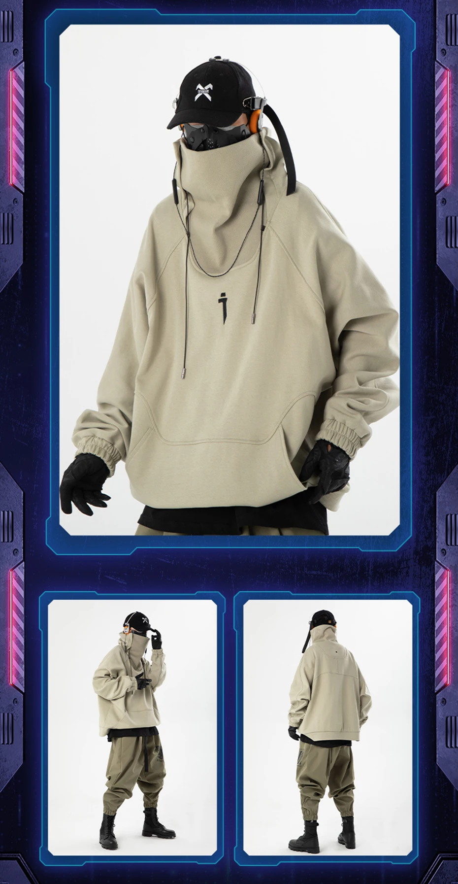 Fashion Hoodies Men Autumn Winter Windbreaker Mask High Collar Sweatshirts Techwear Function Loose Black Hoodie Pullover Black