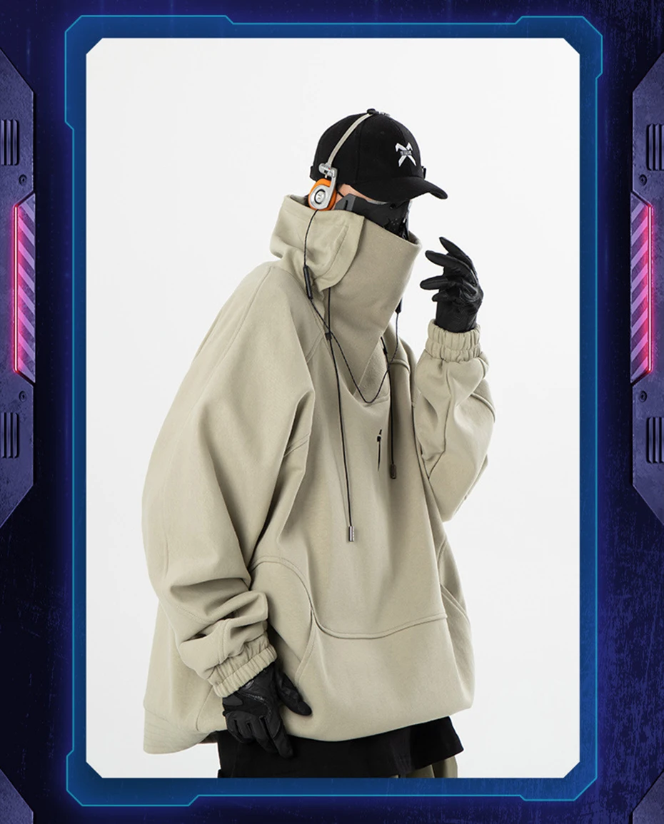 Fashion Hoodies Men Autumn Winter Windbreaker Mask High Collar Sweatshirts Techwear Function Loose Black Hoodie Pullover Black