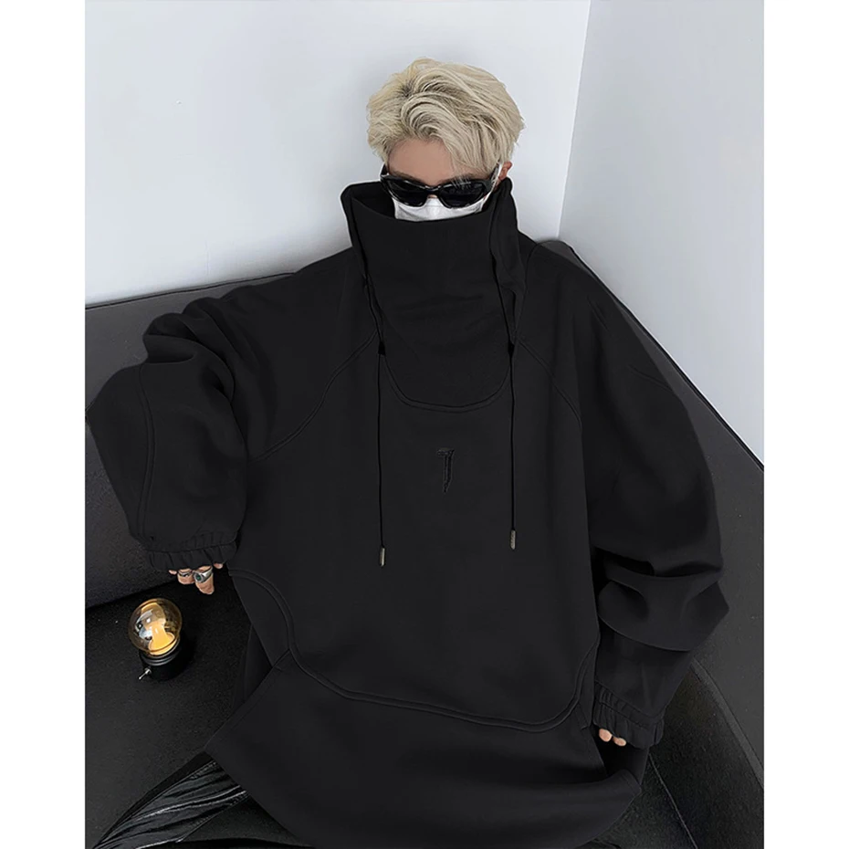 Fashion Hoodies Men Autumn Winter Windbreaker Mask High Collar Sweatshirts Techwear Function Loose Black Hoodie Pullover Black