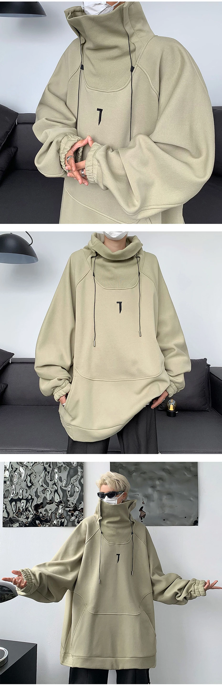 Fashion Hoodies Men Autumn Winter Windbreaker Mask High Collar Sweatshirts Techwear Function Loose Black Hoodie Pullover Black