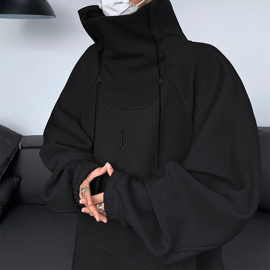 Fashion Hoodies Men Autumn Winter Windbreaker Mask High Collar Sweatshirts Techwear Function Loose Black Hoodie Pullover Black