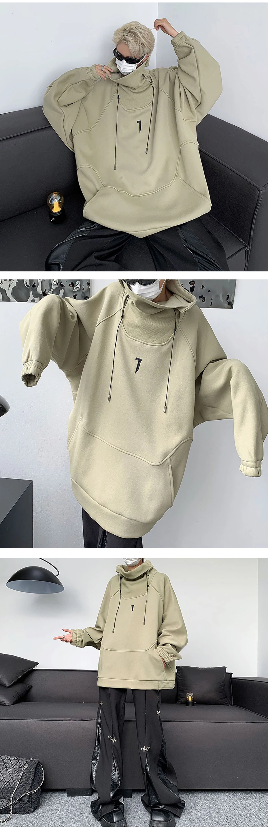 Fashion Hoodies Men Autumn Winter Windbreaker Mask High Collar Sweatshirts Techwear Function Loose Black Hoodie Pullover Black