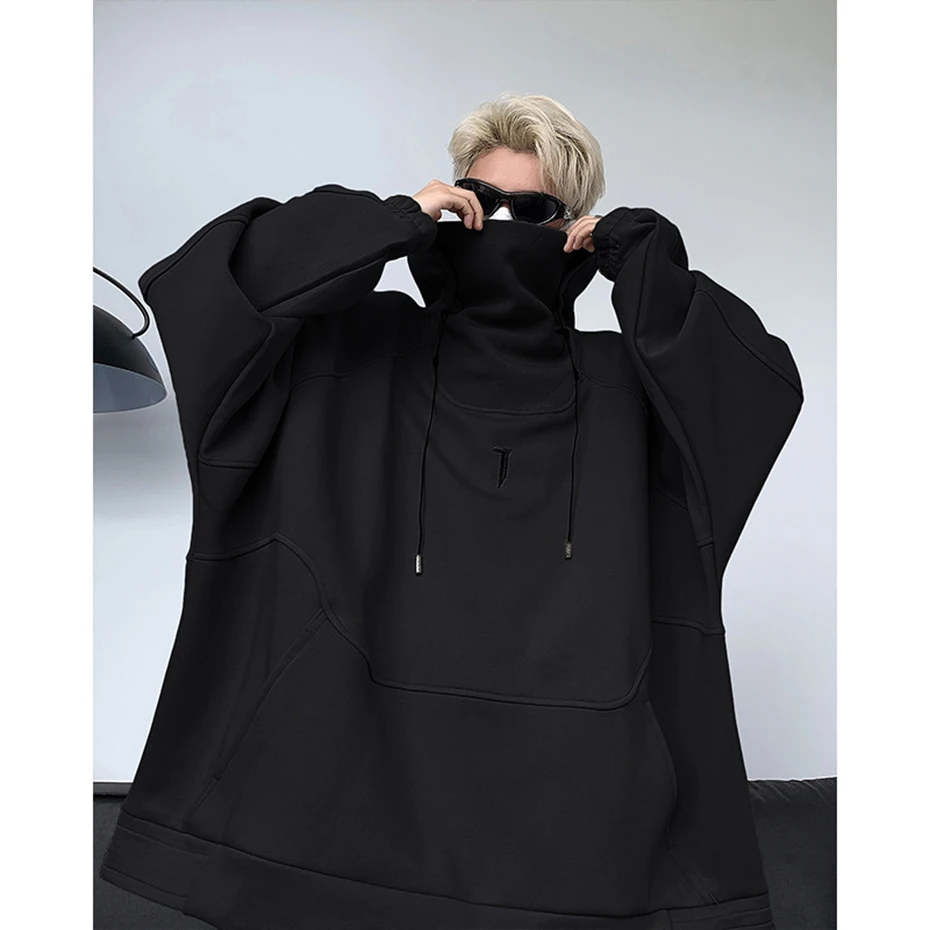 Fashion Hoodies Men Autumn Winter Windbreaker Mask High Collar Sweatshirts Techwear Function Loose Black Hoodie Pullover Black