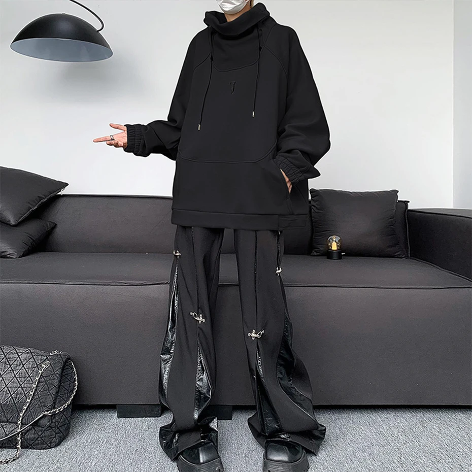 Fashion Hoodies Men Autumn Winter Windbreaker Mask High Collar Sweatshirts Techwear Function Loose Black Hoodie Pullover Black