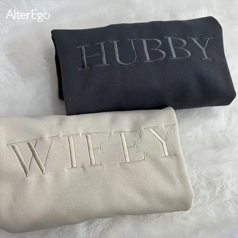 Wifey Hubby Personalized Embroidery Sweatshirt Custom Mr Mrs Pullover Wife Bride Groom Sweatshirts Unisex Sweatshirts Crew Necks