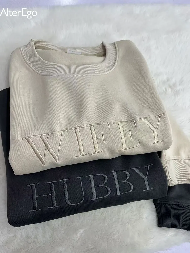 Wifey Hubby Personalized Embroidery Sweatshirt Custom Mr Mrs Pullover Wife Bride Groom Sweatshirts Unisex Sweatshirts Crew Necks