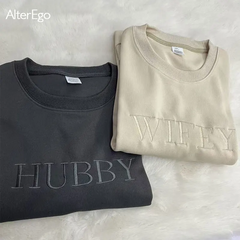 Wifey Hubby Personalized Embroidery Sweatshirt Custom Mr Mrs Pullover Wife Bride Groom Sweatshirts Unisex Sweatshirts Crew Necks