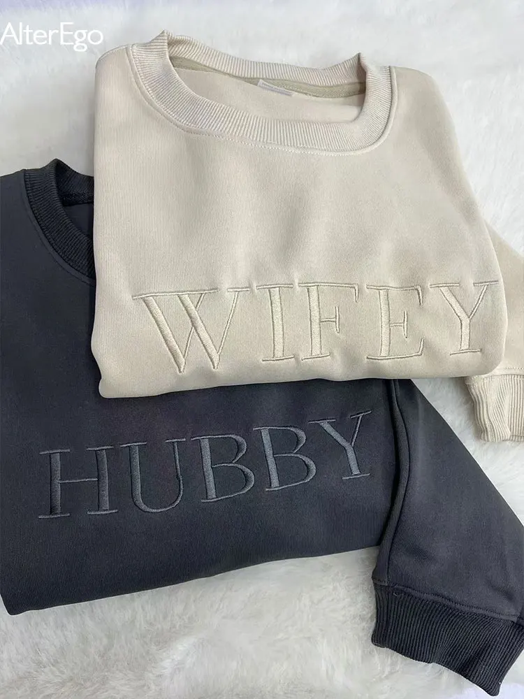 Wifey Hubby Personalized Embroidery Sweatshirt Custom Mr Mrs Pullover Wife Bride Groom Sweatshirts Unisex Sweatshirts Crew Necks