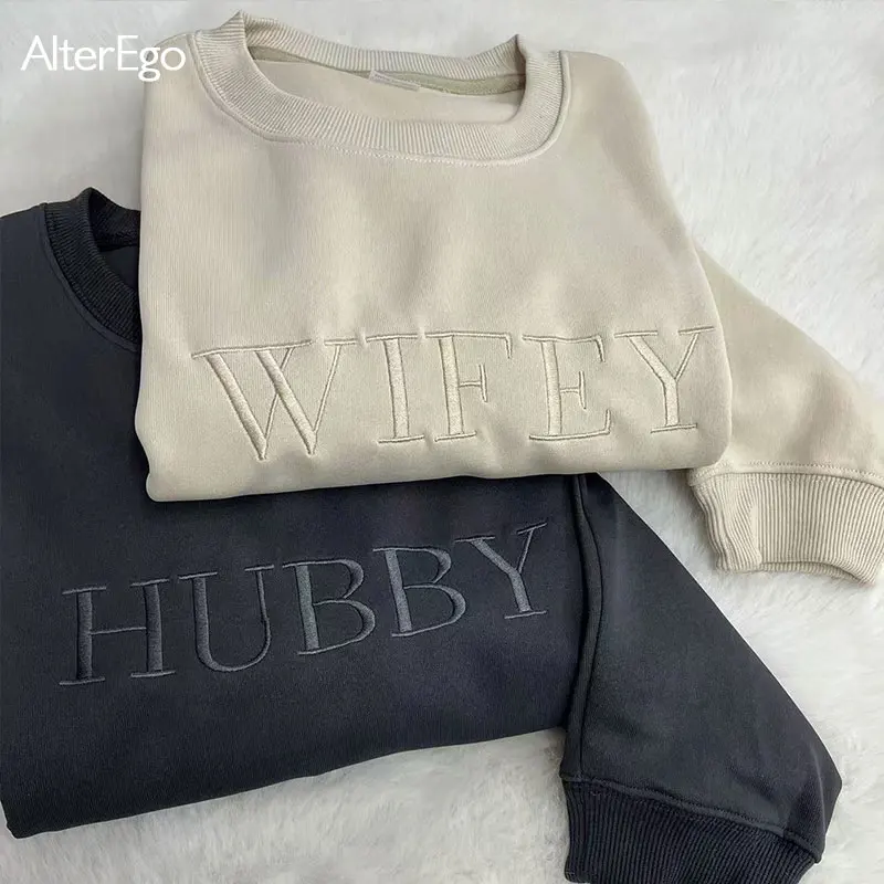 Wifey Hubby Personalized Embroidery Sweatshirt Custom Mr Mrs Pullover Wife Bride Groom Sweatshirts Unisex Sweatshirts Crew Necks
